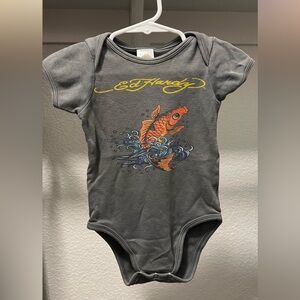 Ed Hardy Gray Baby Bodysuit with Orange Fish Graphic